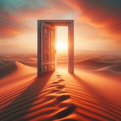 Surreal image of open door on sand dune in middle of the desert at sunset.