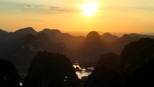 Aerial shot of sunset in Ninh Binh - Vietnam.