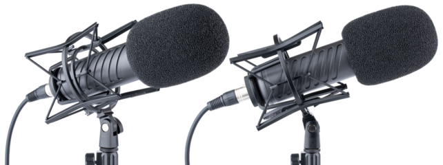 Microphone. Professional dynamic or condenser microphone. Radio broadcasting or podcast microphone with shock or anti vibration mount on stand. Mic with windshield. Recording voice, music or song