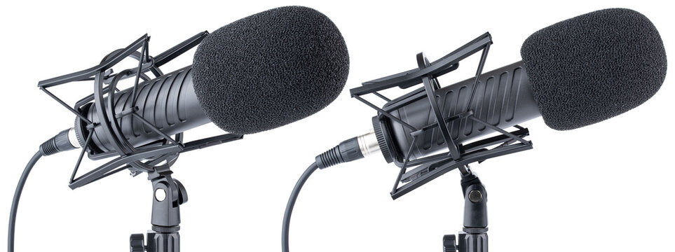 Microphone. Professional dynamic or condenser microphone. Radio broadcasting or podcast microphone with shock or anti vibration mount on stand. Mic with windshield. Recording voice, music or song