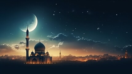 Ramadan Kareem background.Crescent moon at a top of a mosque - obrazy, fototapety, plakaty