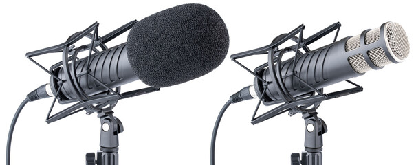Microphone. Professional dynamic or condenser microphone. Radio broadcasting or podcast microphone with shock or anti vibration mount on stand. Mic with windshield. Recording voice, music or song - Powered by Adobe