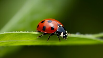 Fototapeta premium Red ladybug on a green leaf in the grass, close-up blurred