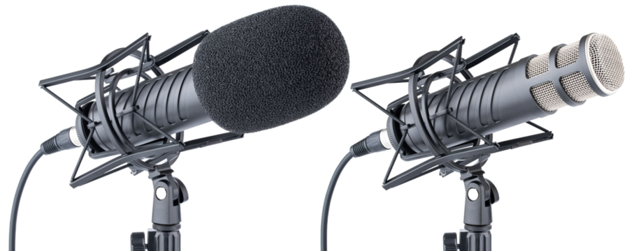 Microphone. Professional dynamic or condenser microphone. Radio broadcasting or podcast microphone with shock or anti vibration mount on stand. Mic with windshield. Recording voice, music or song