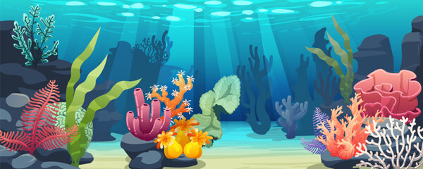 Ocean floor. Aquarium coral sea background. Undersea flora. Underwater cartoon seaweed and algae. Nature landscape, light scene art. Vector under water cartoon flat isolated illustration illustration