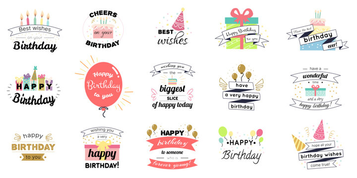 Happy birthday. Calligraphy for postcard, simple typography collection, hand one line text. Card logo, icon party greeting, gift and balloon, celebrate party poster, anniversary vintage vector graphic