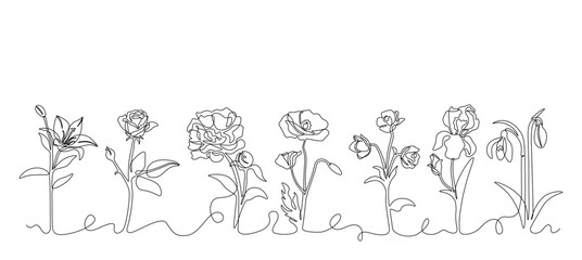 One line flowers border. Outline different botanical elements. Blossoms frame for cards and posters. Spring and summer decoration. Vector isolated black floral objects on white background illustration