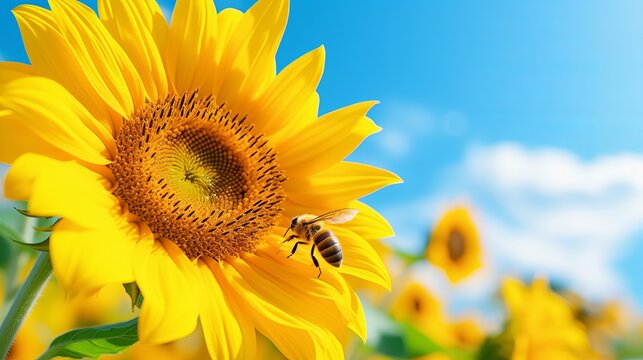 Sunflower with a honey bee with a blue sky on background. Selective focus. High quality photo