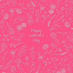 Fototapeta na wymiar Happy women day. White outline flowers with shadows isolated on pink background. Square social media post or card design. Postcard template. Frame with copy space. Vector cute botanical illustration
