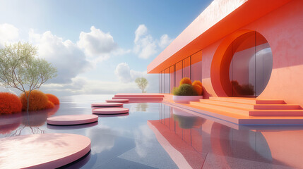 Fototapeta premium Modern Coral Terrace with Circular Pathways and Lush Topiaries