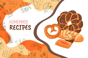 Homemade recipes. Banner or menu cover design. Bakery shop advertising. Wheat baguette loaf and bun. Delicious bread. Hand drawn isolated elements. Culinary delicious products. Vector illustration