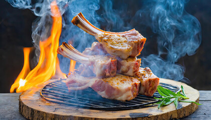 Lamb meat with smoke and flame, closeup; barbecue concept meat fresh raw cut Generated AI