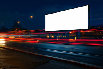 Blank advertisement board on the road in the nighttime. white billboard in the highway. Generative AI image.