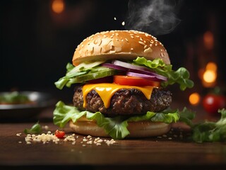 A homemade beef burger served on a rustic serving board with vegetables and crispy bacon. 
