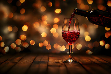 Poring red wine in a glass on the wood table with night life background