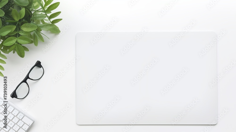 Poster white office desk table with blank notebook, computer keyboard and other office supplies. top view w