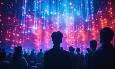 An energetic business conference, with keynote speakers presenting futuristic technology trends to an audience of entrepreneurs and innovators, under a canopy of interactive light displays