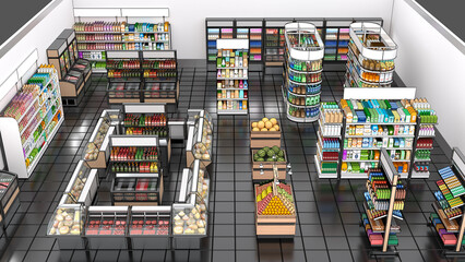 Grocery store top view with racks of goods. 3d illustration - obrazy, fototapety, plakaty