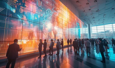 A bustling corporate lobby with business professionals networking, exchanging ideas beside a digital interactive wall displaying real-time market analytics