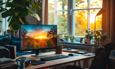 home office setup with minimalist design, natural light, and tech gadgets for remote work