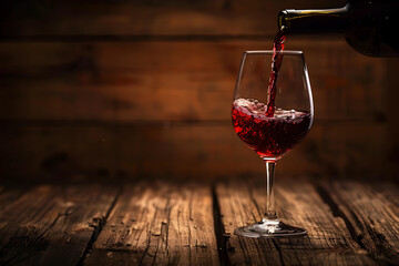 Poring red wine in a glass on the wood table with a wood background
