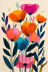 A colorful flower design on a beige background. A vibrant and whimsical painting of a coquelicot flower, drawn by a child, on a neutral beige backdrop