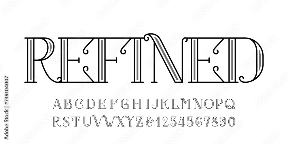 Fototapete refined alphabet font. elegant typeface in outline style. letters and numbers. suitable for logos. v