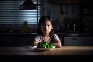 Cute Asian Girl Refuse to Eat broccoli vegetable background kitchen dining room - obrazy, fototapety, plakaty