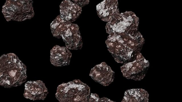 Realistic looping 3D animation of the hematite or haematite ore chunks aka as iron ore falling from the top rendered in UHD with alpha matte