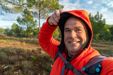 hooded male hiker takes a selfie outdoors