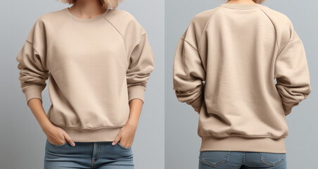 A woman in jeans is wearing a front and back sweatshirt mockup. - obrazy, fototapety, plakaty