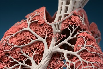 Closeup of detailed anatomy of the respiratory system and lungs. Concept Human Anatomy, Respiratory System, Lungs, Detailed Closeup, Medical Illustration