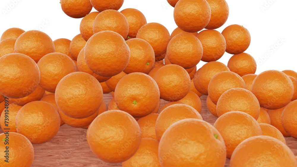 Aufkleber realistic 3d animation of the fresh ripe tangerines falling to the wooden table rendered in uhd with