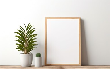 Fototapeta na wymiar Blank wooden picture frame mockup on off white wall in modern interior. Vertical artwork template mock up for artwork, painting, photo or poster in interior design with green plants. AI Generative.