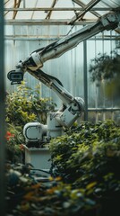 Robotic arm with video camera taking care of plants