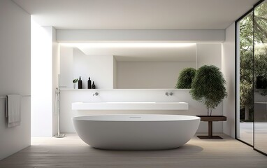 Fototapeta na wymiar Modern design. Chic and minimalist bathroom with a standalone tub, a large mirror and clean white fixtures. Natural materials, calm and simple interior design. AI Generative.