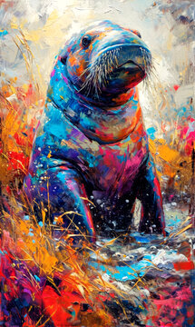 Seal oil painting. Animal portrait. Colorful background.	

