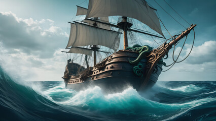 pirate ship in rough ocean with large waves and a large sail
