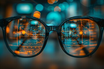 Focus on Stock Market Data Visualization: Close-Up of Eyeglasses and Digital Screen
