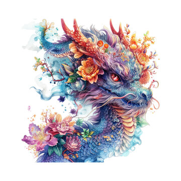 Dragon made of flowers water painting vintage vivid colors