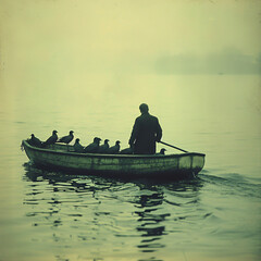 Man on a boat in a lake with a bunch of birds