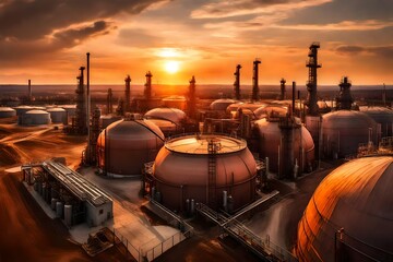 A panoramic shot of a sunset over an oil storage facility, with the fading light casting warm tones on the cylindrical tanks and industrial structures. - obrazy, fototapety, plakaty
