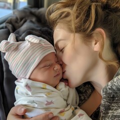Fototapeta na wymiar Young mother kissing her newborn baby