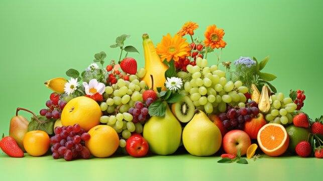 A vibrant and healthy mix of fresh fruits and flowers on a lively green backdrop. Ai Generated