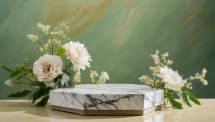 Obraz na płótnie Canvas Serene Showcase: Flowers Podium Stand on Soft-Focused Background