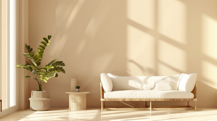 a lounge room with a white sofa, beige living room, wicker furniture and potted plant, contrasting shadows, minimalist abstracts, minimalist staging, light brown interior concept.