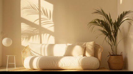 a lounge room with a white sofa, beige living room, wicker furniture and potted plant, contrasting shadows, minimalist abstracts, minimalist staging, light brown interior concept.