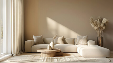 a modern living room, in the style of naturalistic shadows, matte background, light brown and light beige, realistic rendering, nature inspired