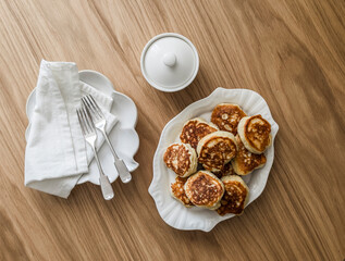 Fluffy fritters on kefir on a wooden table served for breakfast