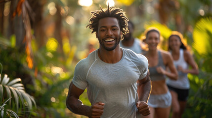 Male jogger, healthy lifestyle. Showcase fitness enthusiasts engaged in outdoor activities with...